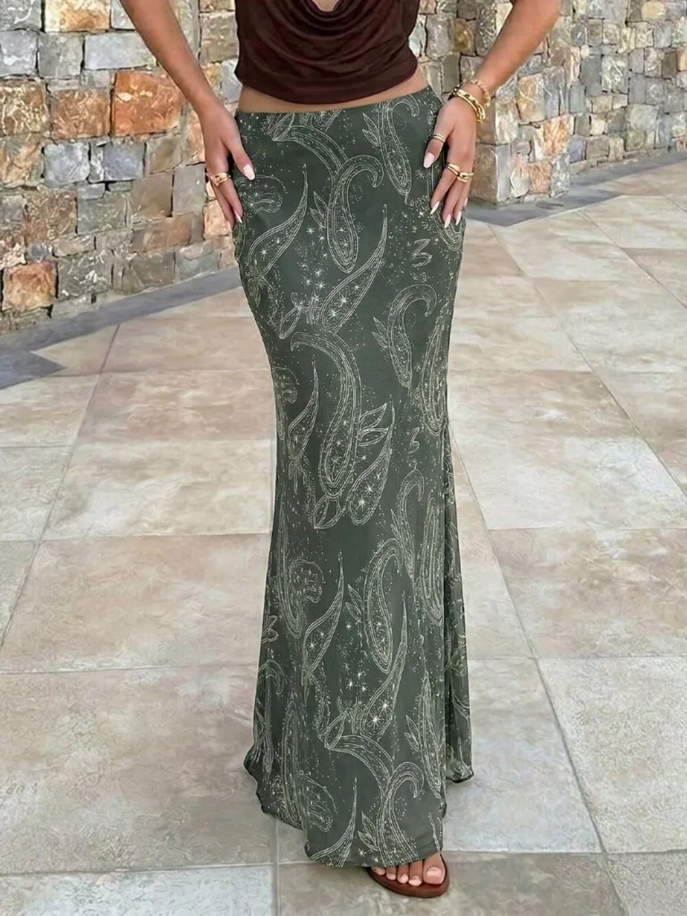 Olive Green Boho Women's Elegant Ruched Low Waist Mermaid Skirt